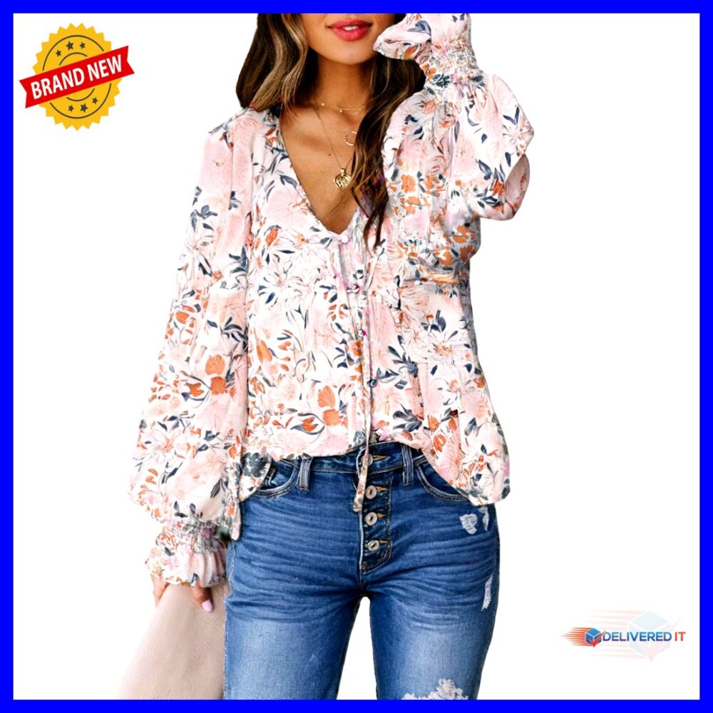 Floral Print V-Neck Long Sleeve Blouse Loose Fit Button Down Shirt